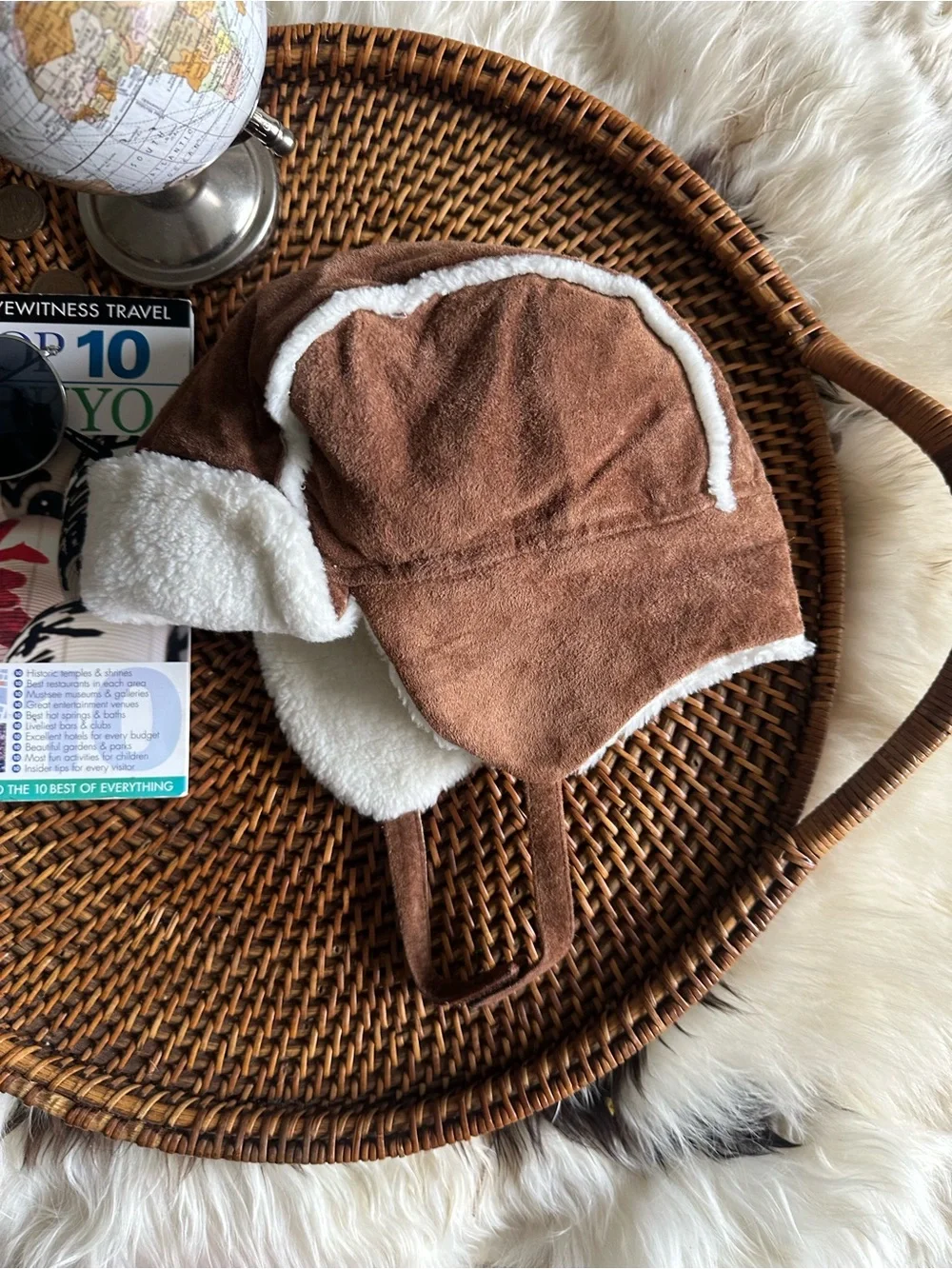 Janie & Jack Kids Brown Leather Suede Trapper Hat with Sherpa Lining 12-18M